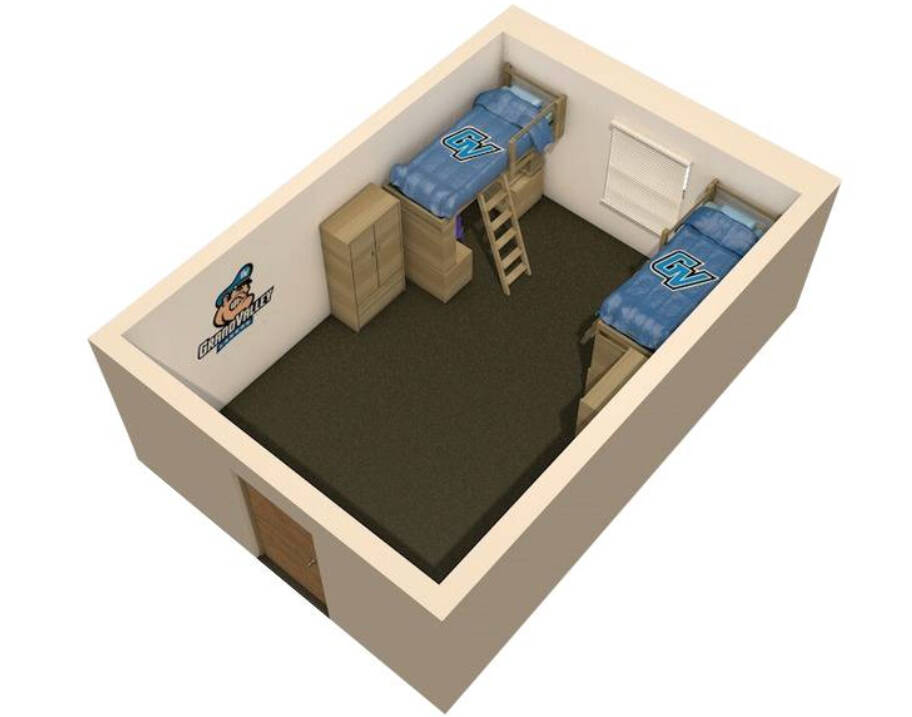 Cluster-style double features two beds, wardrobes, and desks.